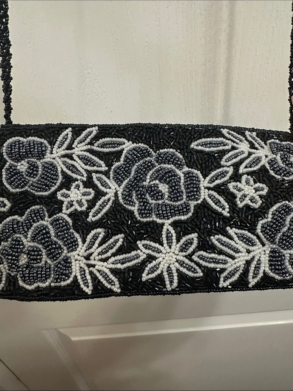 Vintage Black Clutch with White Floral Beading